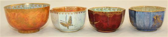 Three Wedgwood lustre octagonal tea bowls and a similar circular tea bowl, 1920-30s, 6.5cm and 8.5cm, butterfly bowl repaired